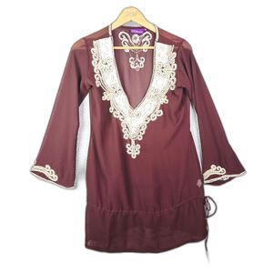 Kohinoor Tunic Brown S Boho Embroidered Bell Sleeve Viscose Silk Long